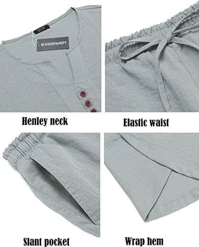 Vista 5 de COOFANDY Conjunto de 2 piezas de lino para hombre, camisa Henley de manga corta y pantalones capri harén, pierna ancha, holgados, pantalones de yoga