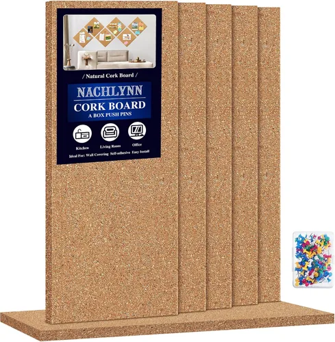 Vista 10 de NACHLYNN Tablón de corcho, paquete de 12 tableros de corcho autoadhesivos de 12 x 12 pulgadas para pared con 100 pasadores de empuje sin marco