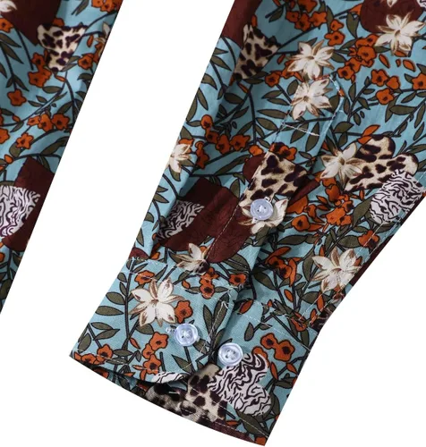 Vista 5 de TUNEVUSE Camisa de vestir floral de manga larga para hombre con estampado de flores y botones de algodón