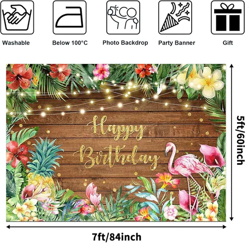 Vista 4 de Avezano Fondo de cumpleaños de flamenco tropical para niñas, decoración de fiesta hawaiana, verano, madera, hojas florales, luces, luau, fiesta