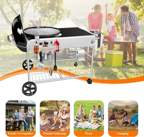 Vista 7 de Mesa de parrilla para Weber 18" y 22" Original Kettle, carrito de parrilla Kettle, mesa de preparación al aire libre para Weber Original Kettle