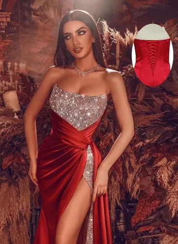 Vista 2 de Vestidos de fiesta de lentejuelas con purpurina, vestido de dama de honor con abertura de sirena de satén, vestido de dama de honor, elástico