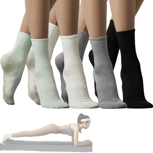 Vista 7 de Calcetines de agarre para mujer, calcetines de yoga para pilates, antideslizantes, barre danza, hospital, correr, lindo, de algodón, 3/4 pares