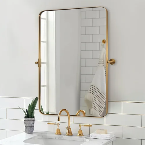 Vista 6 de Espejo giratorio Moon Mirror de oro cepillado, espejo inclinable de latón para tocador rectangular para baño, medidas totales 24.33 x 28 pulgadas