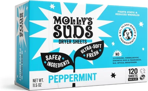 Vista 8 de Hojas suavizantes de secadora para piel sensible de Molly's Suds Reductor de estática a base de plantas, envase sin plástico Lavanda (120 hojas)