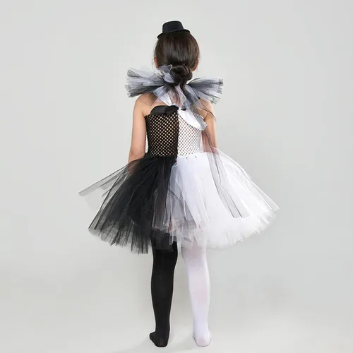 Vista 2 de Disfraz de payaso asesino espeluznante para niñas pequeñas, disfraz de Halloween, vestido de tul, cuchillo, calcetines, guantes, horquilla, disfraz