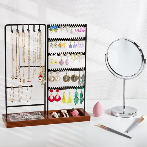 Vista 6 de Vtopmart Soporte organizador de joyas para aretes, collares, anillos, pulseras, exhibición y almacenamiento, con 90 agujeros, 12 ganchos, negro +