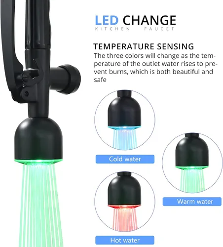Vista 2 de Fapully - Grifos de cocina comerciales con rociador extraíble negro mate LED de una sola manija para fregadero de cocina, grifo de cocina