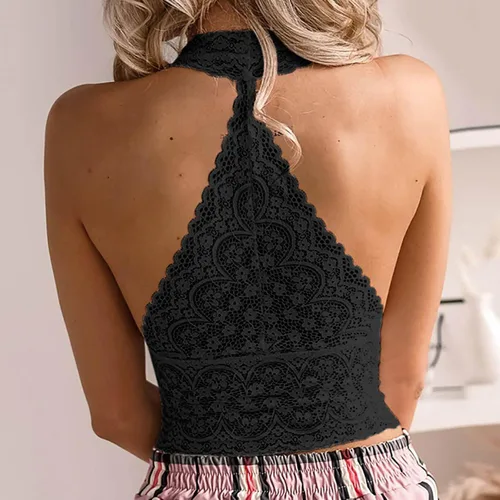 Vista 3 de Sujetador sexy de encaje hueco para mujer, brasier cómodo con cierre frontal halter, brasier push up inalámbrico de cobertura completa