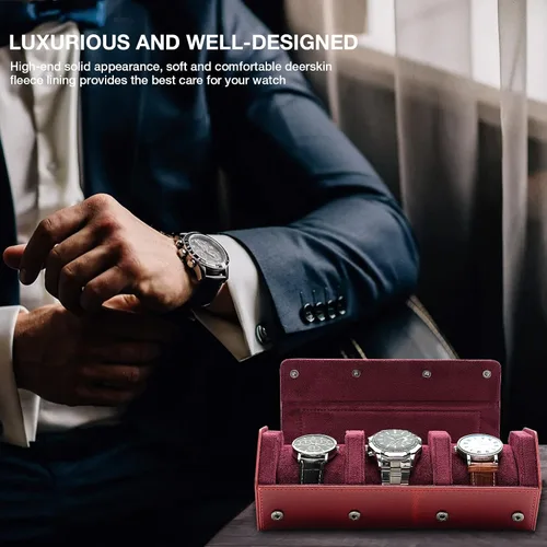 Vista 6 de molshine Estuche organizador de viaje de cuero genuino bruñido con 3 ranuras para relojes, caja de almacenamiento de relojes para hombres y mujeres