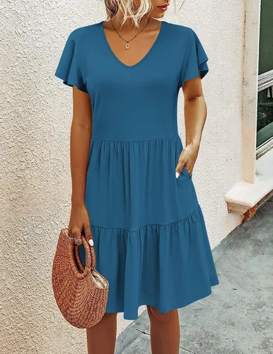 Vista 4 de HOTOUCH Vestido casual escalonado con bolsillos, cuello en V, con volantes, manga casquillo, vestido acampanado