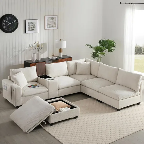 Vista 23 de Sofá seccional de gran tamaño de 142 pulgadas con 2 otomanas y consolas de almacenamiento móviles, sofá modular de felpilla en forma de U de 6