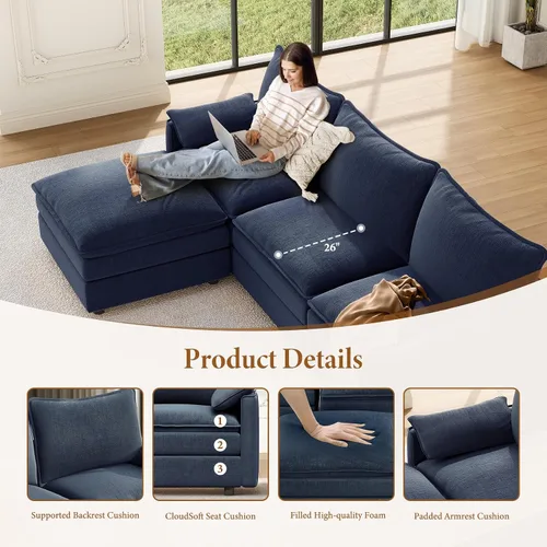 Vista 4 de Vesgantti Sofá modular en forma de U de 108 pulgadas, cómodo sofá modular Cloud con 2 otomanas de asiento profundo de chenilla, sofás modulares