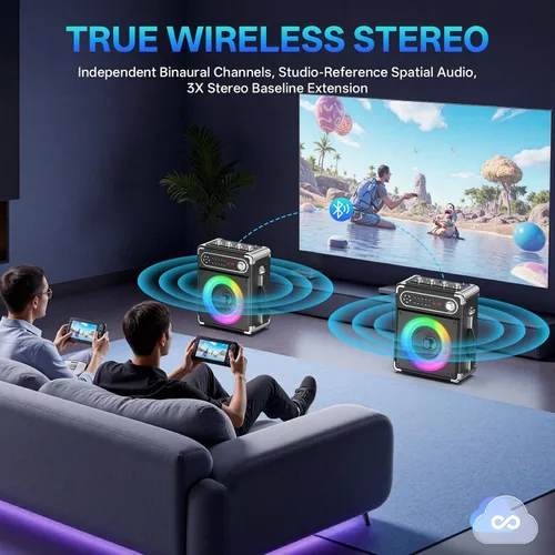 Vista 4 de JYX - Máquina de karaoke con dos micrófonos inalámbricos, altavoz Bluetooth portátil con ajuste de graves/agudos, sistema de PA con control remoto