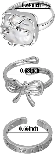 Vista 6 de 3 anillos de perlas de plata para mujer, anillos apilables de plata con forma de corazón y mariposa, anillos de plata ajustables, anillo