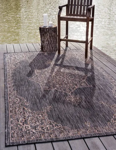 Vista 19 de Unique Loom Alfombra de la colección tradicional para exteriores, antigua (4 pies 1 pulgada, redonda, verde azulado/gris)