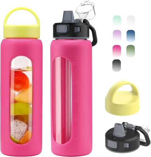 Vista 24 de Kodrine - Botella de agua de vidrio de 20 onzas con popote y 2 tapas para fácil transporte, con asa, funda de silicona y marcador de tiempo, botella