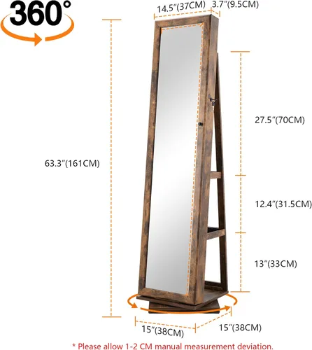 Vista 2 de OUTDOOR DOIT Armario de joyería giratorio de 360 de 66 pulgadas con cerradura, espejo de longitud completa, gran capacidad, organizador de joyas