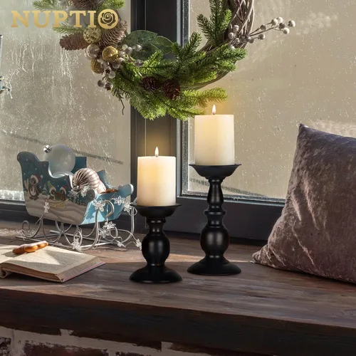 Vista 5 de NUPTIO Portavelas negro para pilares: juego de candelabros de metal rústico