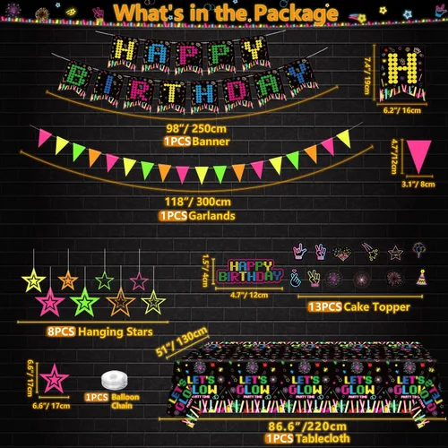 Vista 6 de 238 piezas de suministros de fiesta de neón que brillan en la oscuridad, decoraciones de fiesta de luz negra, juego de vajilla para fiesta, platos