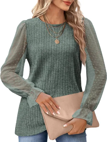 Vista 2 de OFEEFAN Blusa holgada de manga larga con cuello redondo y lunares suizos para mujer