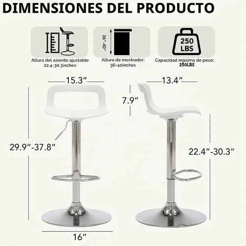 Vista 2 de Juego de 2 taburetes de bar, taburetes de bar giratorios de plástico ajustables, taburetes modernos con respaldo abierto y reposapiés, taburetes