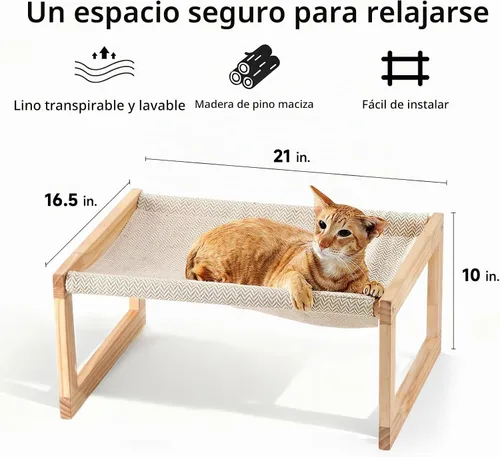 Vista 3 de FUKUMARU - Hamaca grande para gatos, cama elevada para perros en interiores y exteriores, lavable 21" Wooden Pet Beds, Breathable Linen Cat Couch