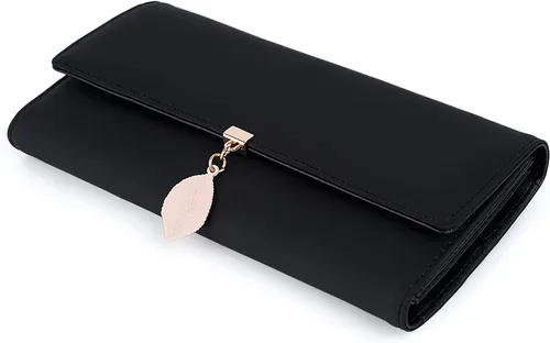 Vista 79 de UTO - Cartera pequeña RFID de piel sintética con dije de hoja, cierre de cremallera y tarjetero.