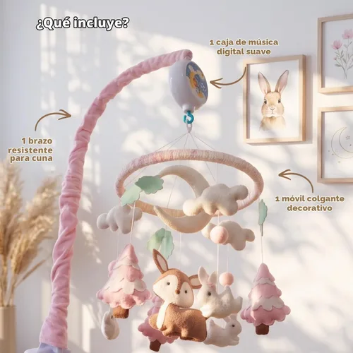 Vista 4 de Móvil de bebé rosa para cuna, cuna móvil con música, animales del bosque