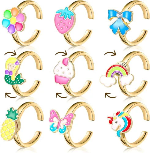 Vista 7 de Juego de 9 anillos giratorios giratorios para ansiedad, anillos giratorios para ansiedad, apilables, giratorios, calmantes, ajustables para mujeres