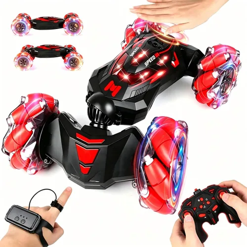 Vista 9 de Auto de acrobacias RC, auto de juguete con control remoto de 2.4 GHz, 4WD, con sensor de gestos, vehículos de doble cara, vehículo todo terreno que