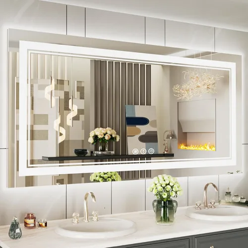 Vista 44 de Espejo de baño LED de 24 x 28 pulgadas, luz frontal y retroiluminada, antiniebla, regulable, espejo de tocador iluminado con memoria, espejo LED
