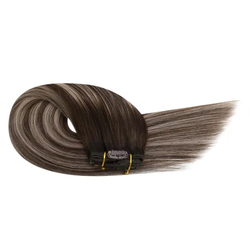 Vista 9 de Ugeat Extensiones de cabello humano con clip de 12 pulgadas, extensiones de cabello balayage con clip, marrón chocolate ombre, extensiones