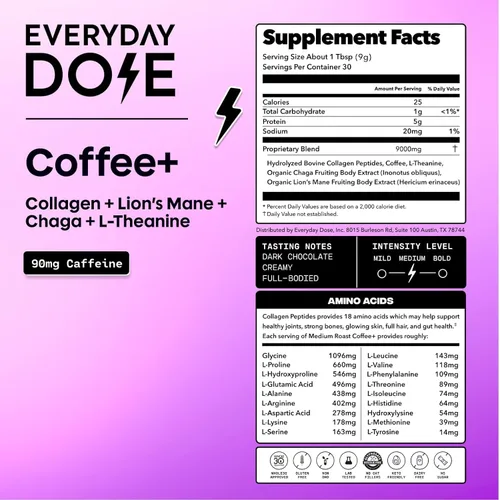 Vista 2 de Everyday Dose Bold - Café de hongos de tostado medio, 90 mg de cafeína por porción con colágeno de ganado alimentado con pasto, chaga, Melena