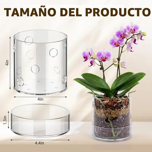 Vista 2 de Maceta de orquídea acrílica transparente de 4 pulgadas con agujeros redondos de 360° y bandeja