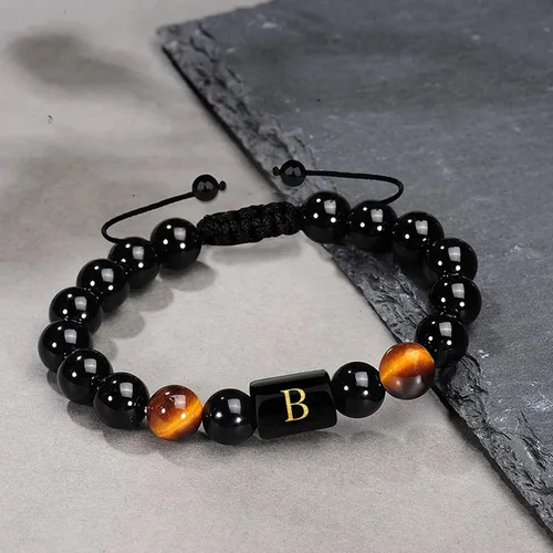 Vista 3 de BONNY BOXX Pulseras con iniciales para hombres, hechas a mano, natural, de ágata negra, cuentas de piedra de ojo de tigre, trenzadas, curativas
