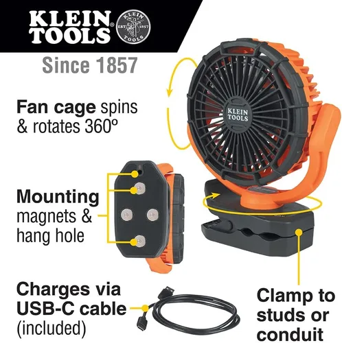Vista 3 de Klein Tools Paquete de mini ventilador USB recargable con batería con tira de alimentación magnética, protector de sobretensiones, luz LED, puertos