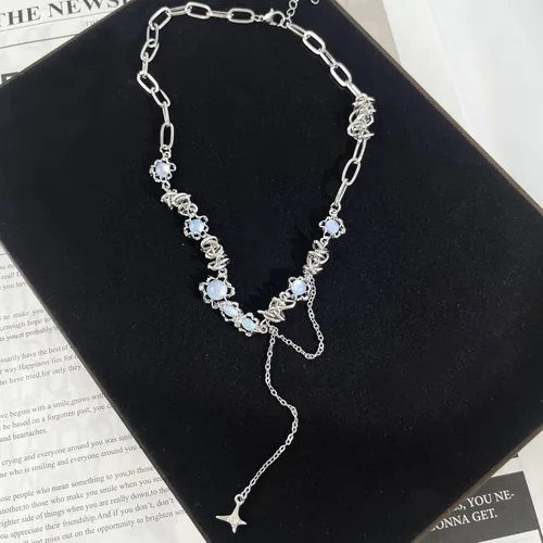 Vista 11 de Y2k - Collar irregular con dije de estrella, piedra de luna, diseño de cadena de moda, joyería de plata picante para mujer