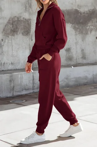 Vista 4 de PRETTYGARDEN Conjunto de suéter de 2 piezas para mujer, sudadera con cremallera, pantalones deportivos, ropa casual