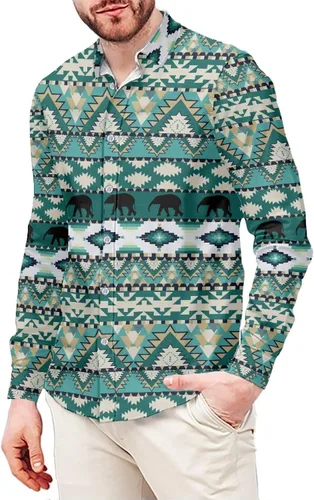 Vista 4 de Camisas aztecas grandes y altas para hombre, diseño étnico azteca tribal del suroeste, camiseta delgada de manga larga con botones
