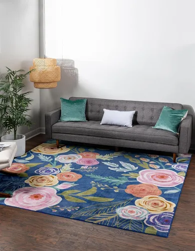 Vista 23 de Unique Loom Blossom Collection Ashley - Alfombra rectangular de 9 x 12 pies, color marfil y azul claro