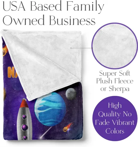 Vista 2 de Manta personalizada con diseño de cohete para niños, bonita manta con nombre personalizada para niños y niñas, divertido espacio exterior, galaxia
