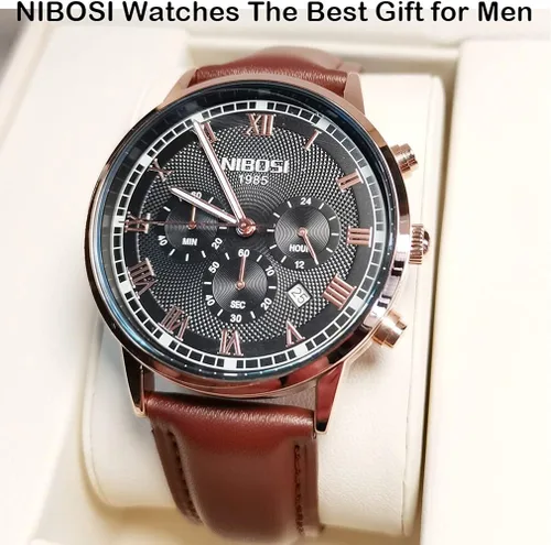 Vista 7 de NIBOSI Watches for Men Casual Fashion Brown Leather Band Chronograph Waterproof Business Analog Quartz Dress Big Face Large Luminous Sports Wrist