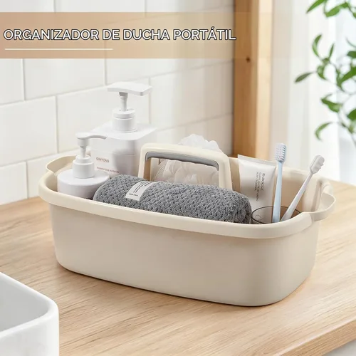 Vista 2 de Organizador de suministros de limpieza grande portátil con asa, cubo de plástico, almacenamiento de herramientas para baño, dormitorio, cocina Beige