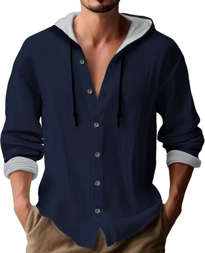 Vista 6 de Sudadera con capucha de manga larga para hombre, color liso, con botones, casual, ajuste holgado, para primavera, otoño, playa, con capucha
