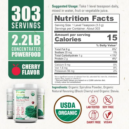 Vista 4 de biophix Polvo orgánico de espirulina de 2.2 libras, sabor a cereza negra, superalimento rico en proteínas, rico en nutrientes, potente antioxidante