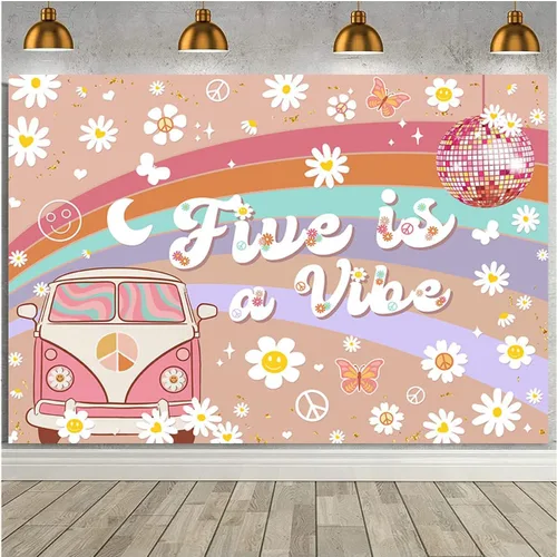 Vista 2 de Five is a Vibe Girl - Fondo de fotografía para fiesta de cumpleaños de 5 años, diseño de arco iris rosa, flores blancas pequeñas, telón de fondo