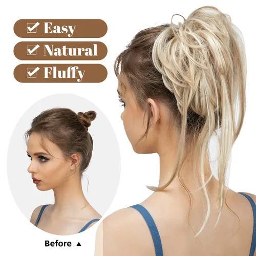 Vista 2 de Extensiones de cabello rizado con cola de caballo, cabello sintético con coleta recta, coleteros para mujer, rubio ceniza/rubio playa