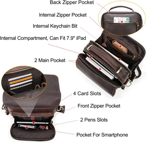 Vista 4 de CONTACTS Bolso de mensajero de cuero de grano completo para hombre, bolso de hombro cruzado, bolso de viaje para iPad de 10.5 pulgadas (marrón)