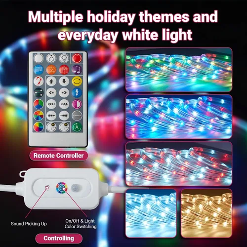 Vista 4 de Cuerda de luces inteligentes para exteriores de 16.4 pies, luces de Navidad impermeables que cambian de color con control remoto, diseño conectable